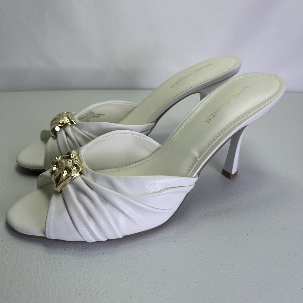 Marc Fisher Voni White Leather Mule Dress Sandal Gold Hardware Heel  Sz 9M NWB
